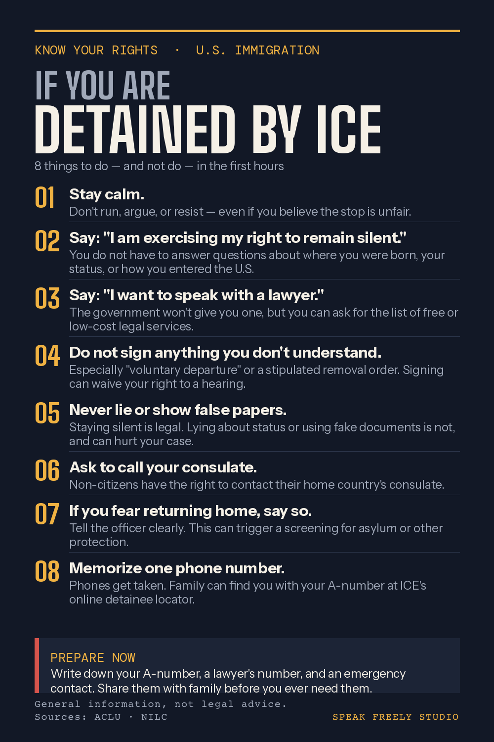 If you are detained — free graphic from Speak Freely Studio